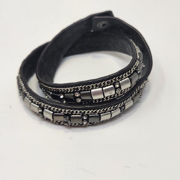 Stella and Dot Cady Wrap Leather Bracelet Black Silver Adjustable Edgy Biker - Picture 3 of 5